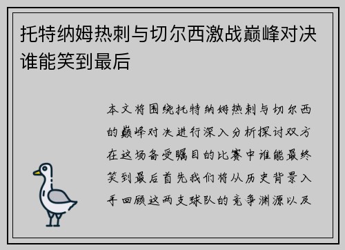 托特纳姆热刺与切尔西激战巅峰对决谁能笑到最后